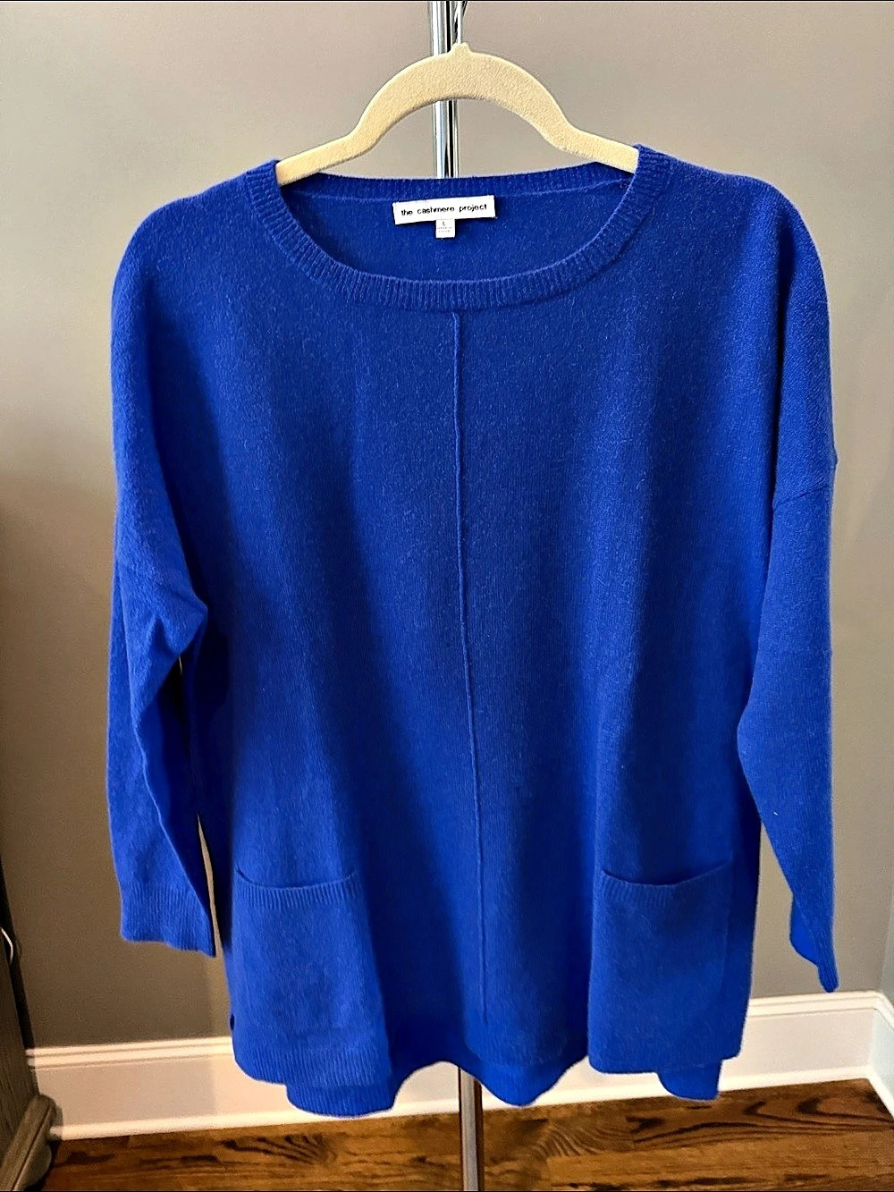 The Cashmere Project Crew Neck Pocket Sweater in Blue. Cashmere